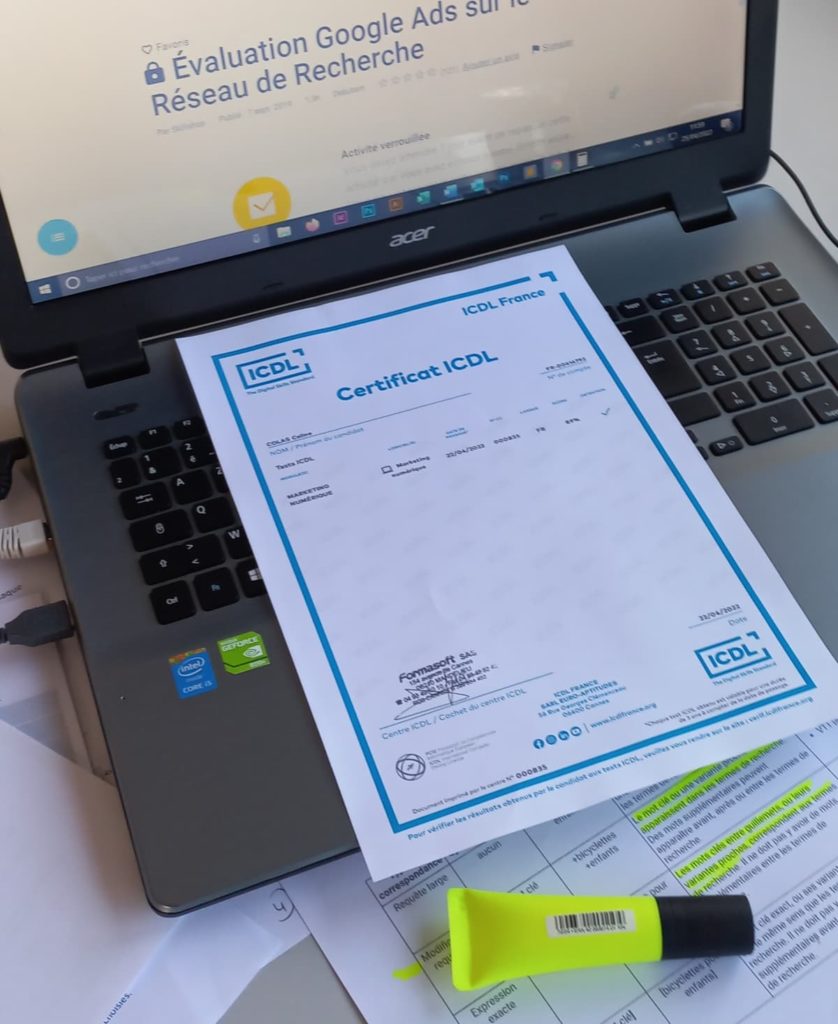 certificat icdl en marketing numerique obtenu lors de ma formation en SEO et SEA en avril 2022 a mandelieu