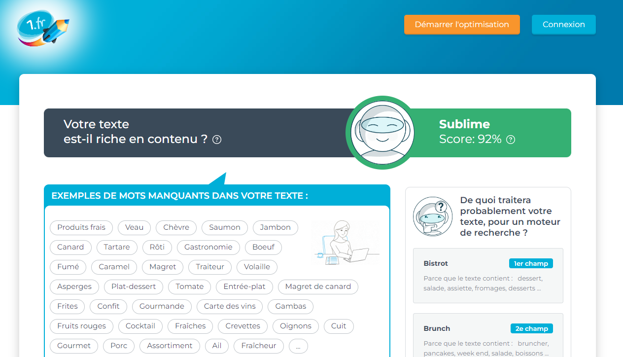 impression ecran de l'outil 1.fr qui permet d'elargir son champ semantique grace a l'IA qui propose du contenu alternatif pour ameliorer sa redaction web seo