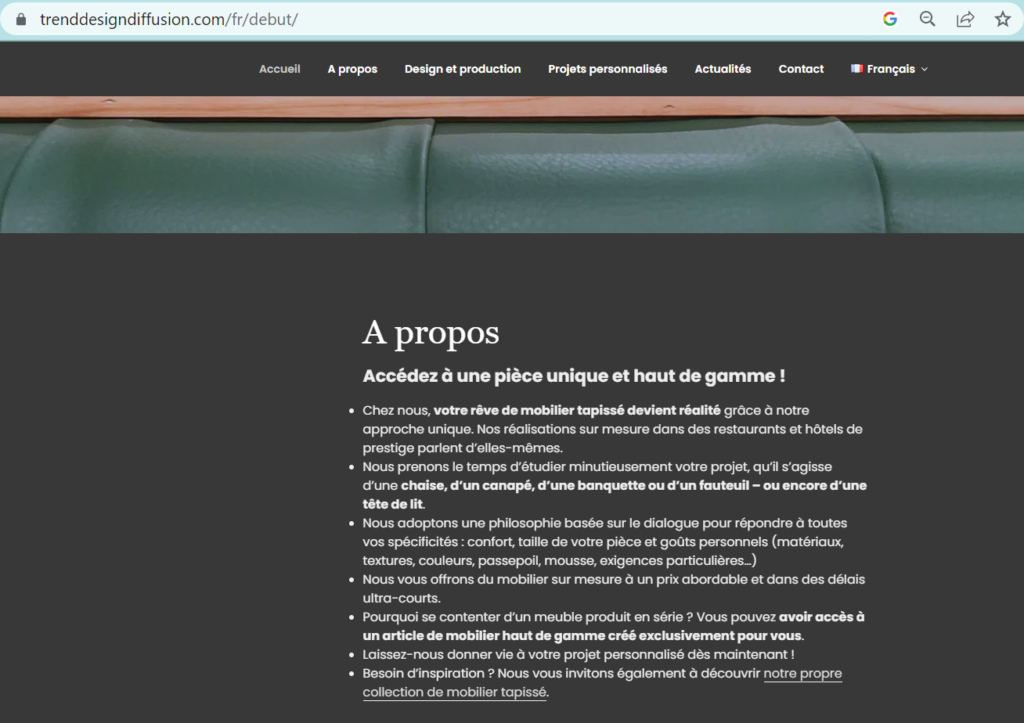 screen montrant la page a propos du site trend design diffusion copywrité par wild side communications 
