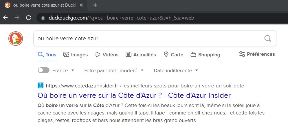 impression ecran du ranking de l'intention de recherche ou boire verre cote azur sur le moteur de recherche duck duck go go