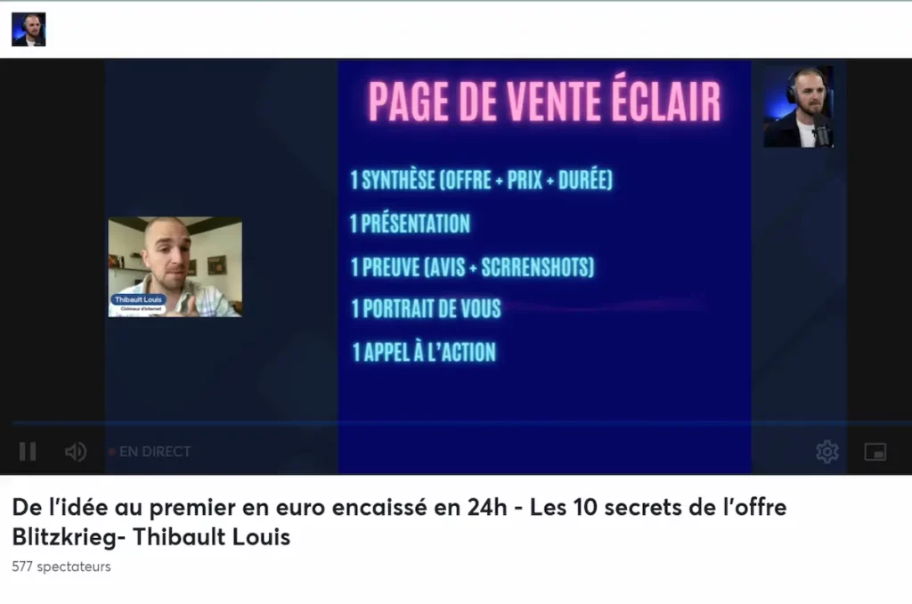 écran de la formation d'une heure vendez votre offre en moins de 24h avec thibaut louis le pape du soloprenariat