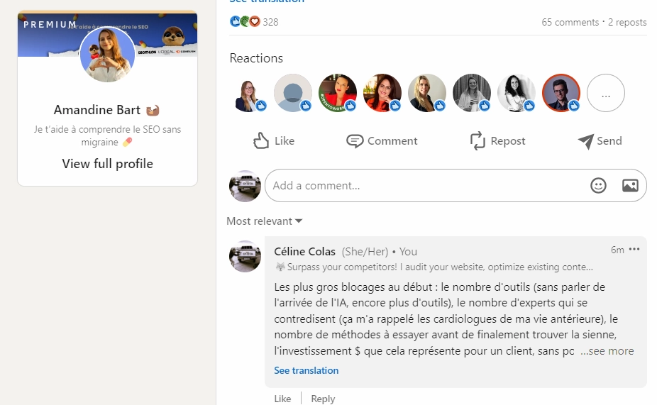 commentaire linkedin en reponse a une publication d'amandine bart dite la loutre du seo ou encore le seo sans migraine. une image de marque forte et ludique qu'on a envie de suivre des qu'on la decouvre.
