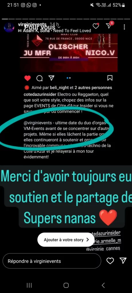 screen instagram de vm events remerciant publiquement cote d'azur insider pour son soutien