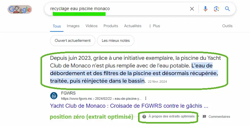 screen demontrant que wild side communications a reussi a classer "recyclage eau piscine monaco" en position zero, soit la meilleure reponse disponible sur le web d'apres google