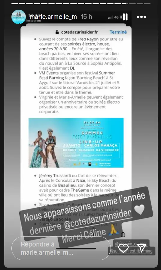 screen montrant une recommandation de l'organisatrice de soirees marie armelle qui organise cette annee le festi burning avec virginie cannes