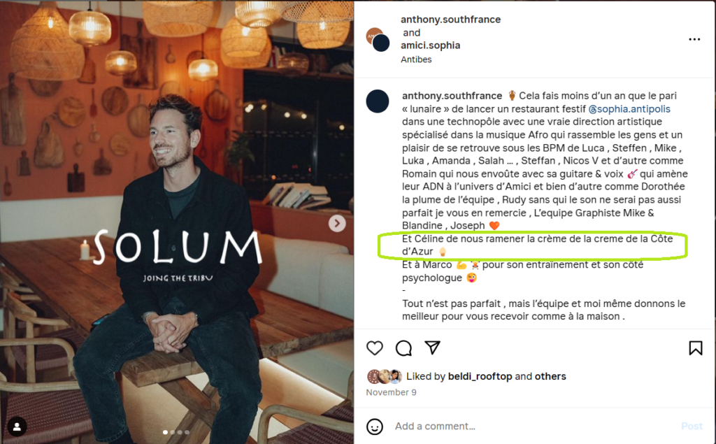 remerciement envers cote d'azur insider d'antony daless du beldi rooftop lounge lors de la fermeture de celui ci