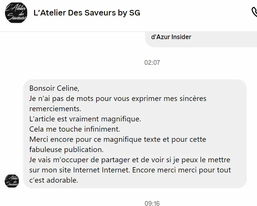un mot de remerciement de la part de stephane garcia le chef cuisinier de l'atelier des saveurs a la colle sur loup