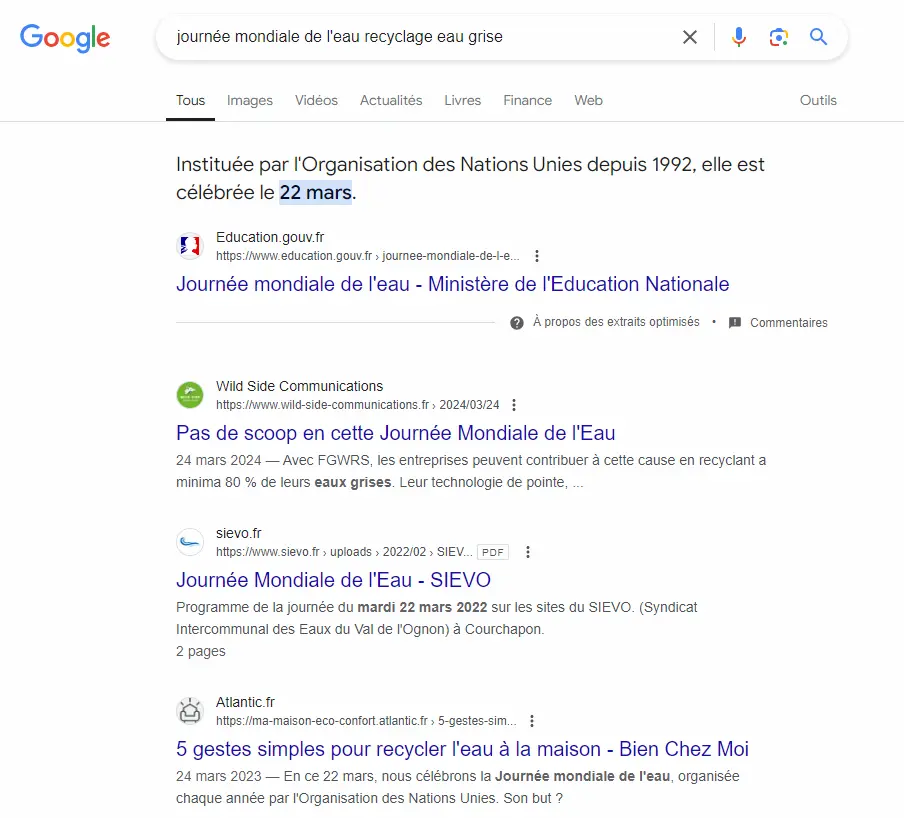 screen du resultat de l'intention de recherche journee mondiale de l'eau recyclage eaux grises dans la serp