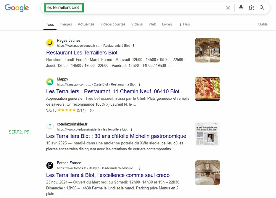 screen montrant que je suis en page 2, position 9 dans la serp (search engine results page) de google sur l'intention de recherche "les terraillers biot" depuis le 15 avril 2025