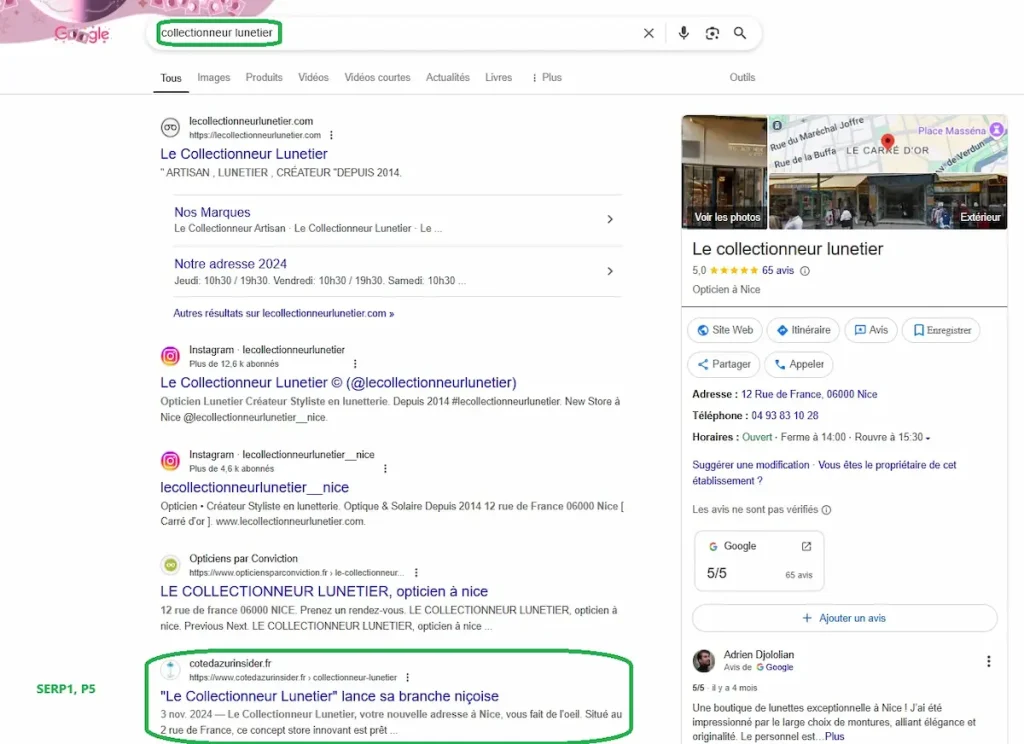 screen montrant que cote d'azur insider s'est classé en position 5 de la serp 1 de google sur l'intention collectionneur lunetier