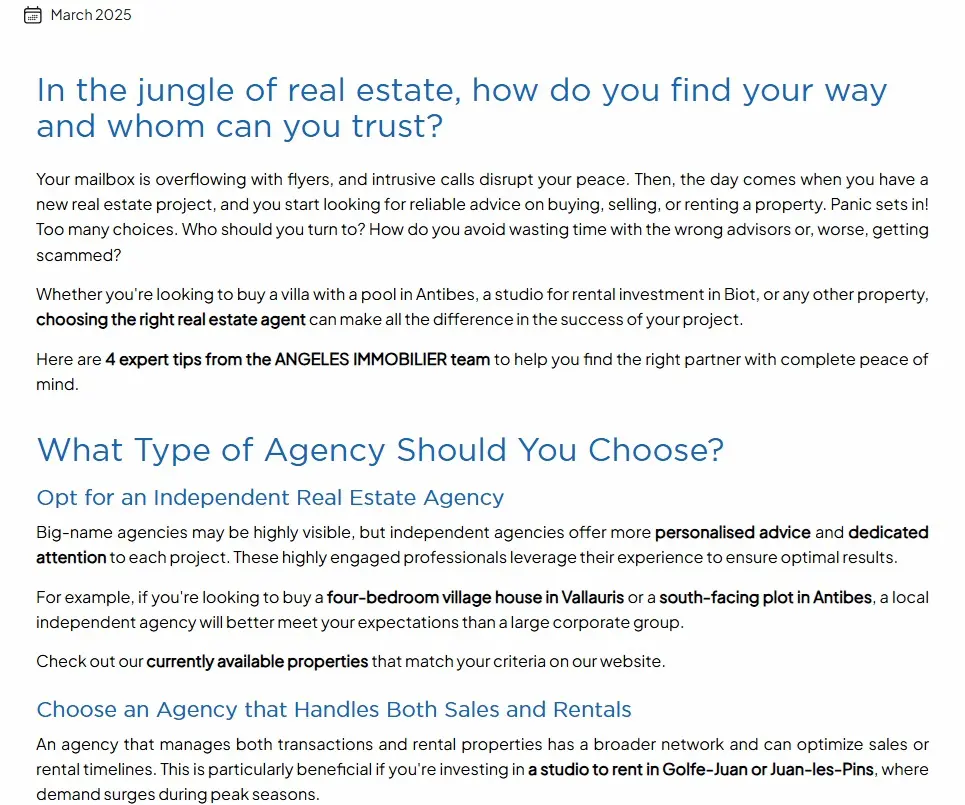 extrait d'un article de blog optimisé en anglais du site web angeles immobilier
