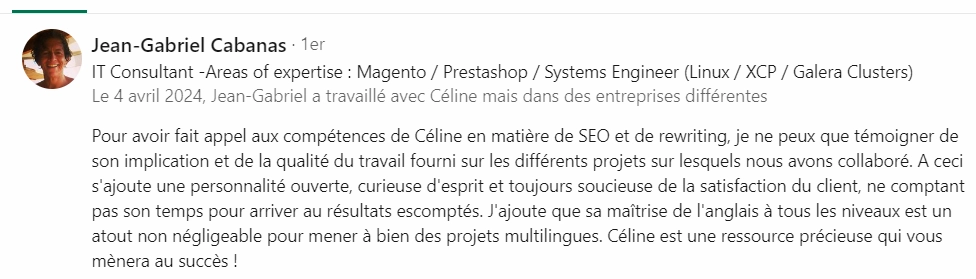 recommandation d'un prestataire web designer avec qui je collabore en tant que consultante seo