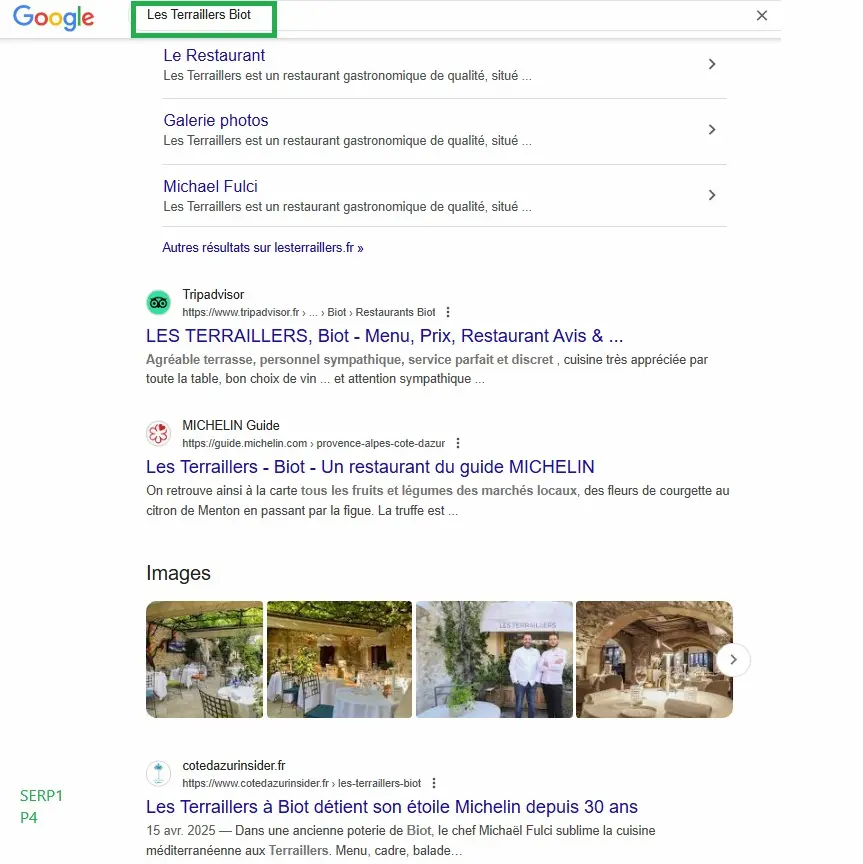 screen montrant que la requete "les terraillers" arrive en position 4 sur google