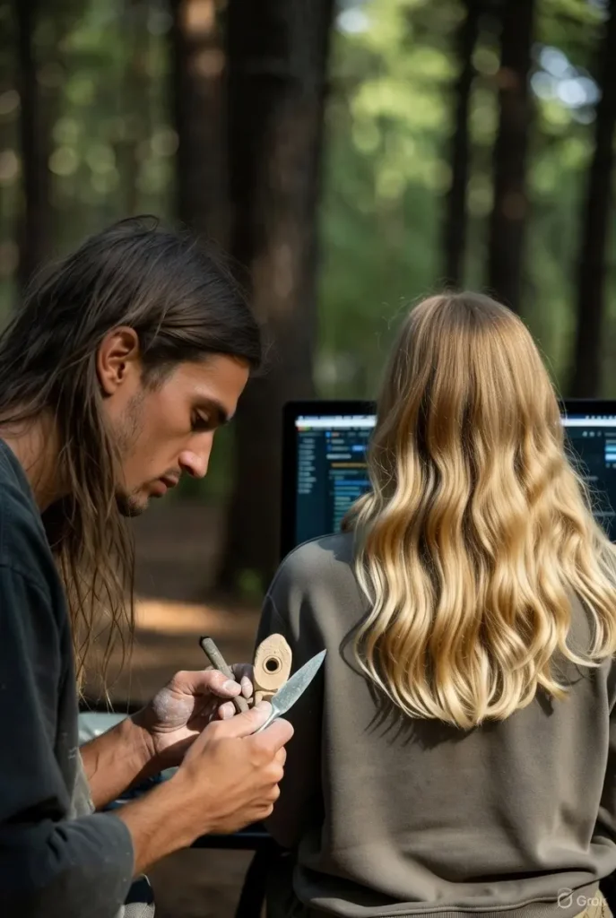 consultante SEO travaillant sur un site web tandis qu’un artiste sculpte dans son atelier