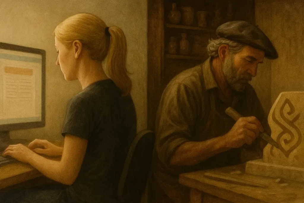 consultante SEO travaillant sur un site web tandis qu’un artiste sculpte dans son atelier