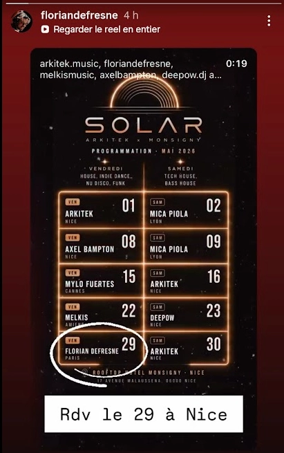 annonce instagram du dj set de florian defresne le 29 mai a l'hotel monsigny a nice